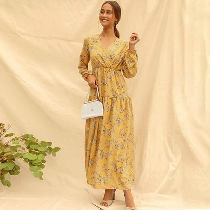 Long Sleeve Fashion Casual High Waist Maxi Dress Slim Floral Print V Neck