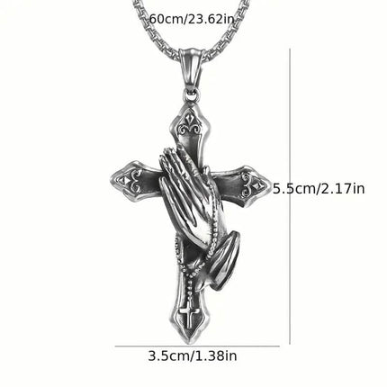 Men's Stainless Steel Prayer Hand and Cross Pendant Necklace
