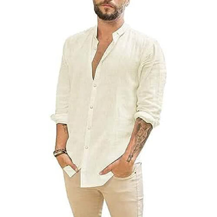Mens Summer Casual Long Sleeve Cotton Linen T-Shirt
