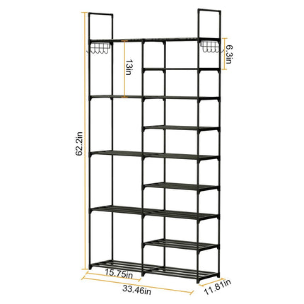 Metal Shoe Storage Shelf Free Standing Shoe Stand with 2 Row Hooks