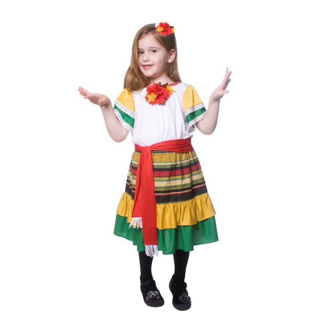 Kids Mexican Dancer Costume with Colorful Dress, Skirt and Traditional Details