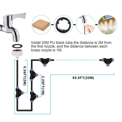 Misting Cooling System 65.6Ft Hose Line + 23 T-Joint Nozzles Water Sprayer