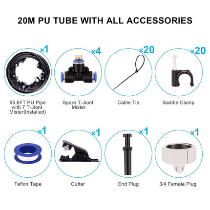 Misting Cooling System 65.6Ft Hose Line + 23 T-Joint Nozzles Water Sprayer