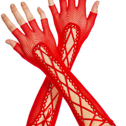 Lace Up Fishnet Woman Arm Warmer Red by Music Legs only at  TeeJayTraders.com