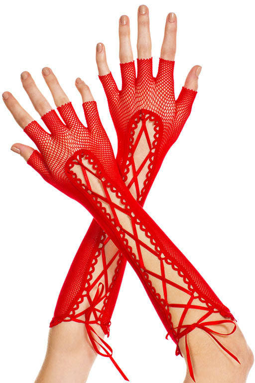 Lace Up Fishnet Woman Arm Warmer Red by Music Legs only at  TeeJayTraders.com