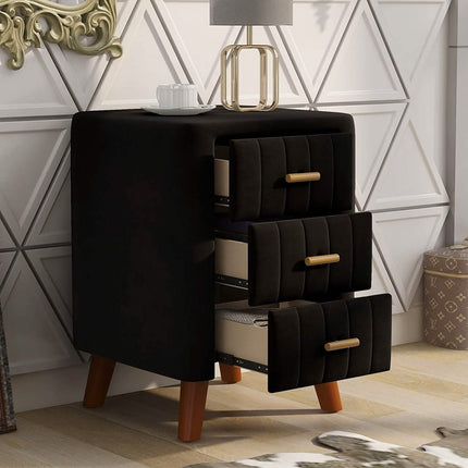 Modern Bedside Velvet Upholstered 3-Drawer Nightstand with Metal Handles