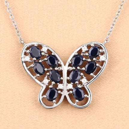2.16 Carat Genuine Blue Sapphire and White Zircon .925 Sterling Silver Necklace