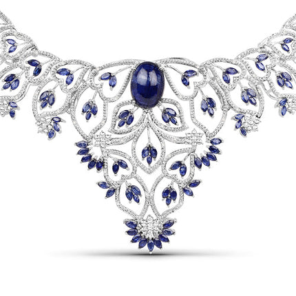 40.93 Carat Genuine Glass Filled Sapphire and White Diamond .925 Sterling Silver Necklace