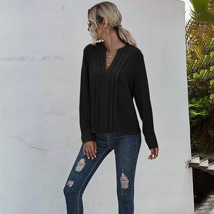 Notched Neck Pleated Decoration Blouse