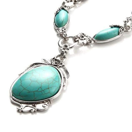 Novadab Antique Silver Tibet Turquoise Long Chain Silver Plated Necklace