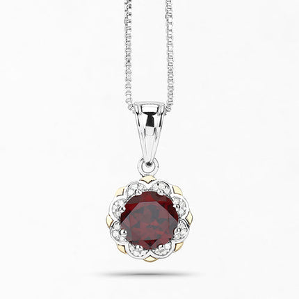 2.32 Carat Genuine Garnet and White Diamond 14K Yellow Gold with .925 Sterling Silver Pendant