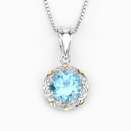 2.32 Carat Genuine Swiss Blue Topaz and White Diamond 14K Yellow Gold with .925 Sterling Silver Pendant
