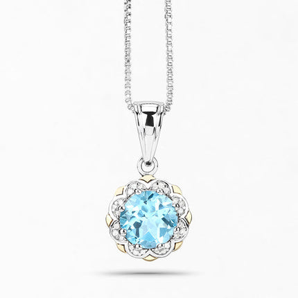 2.32 Carat Genuine Swiss Blue Topaz and White Diamond 14K Yellow Gold with .925 Sterling Silver Pendant
