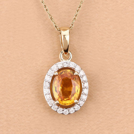 1.78 Carat Genuine Yellow Sapphire and White Diamond 14K Yellow Gold Pendant