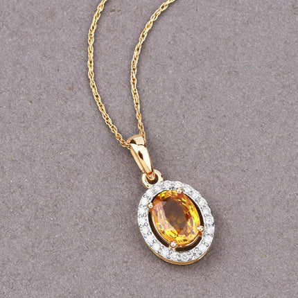 1.78 Carat Genuine Yellow Sapphire and White Diamond 14K Yellow Gold Pendant