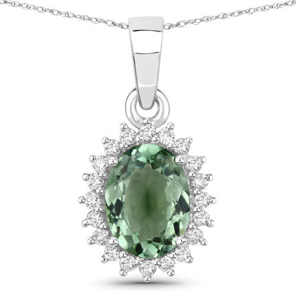 1.39 Carat Genuine Green Tourmaline and White Diamond 14K White Gold Pendant