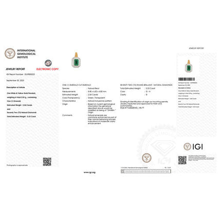 IGI Certified 2.37 Carat Genuine Zambian Emerald and White Diamond 14K Yellow & White Gold Pendant