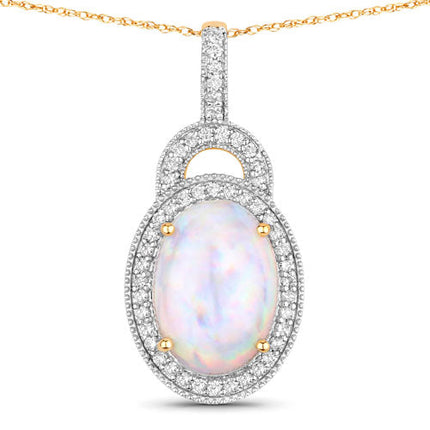 3.30 Carat Genuine Ethiopian Opal and White Diamond 14K Yellow Gold Pendant