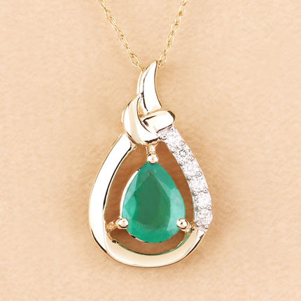 1.18 Carat Genuine Zambian Emerald and White Diamond 10K Yellow Gold Pendant