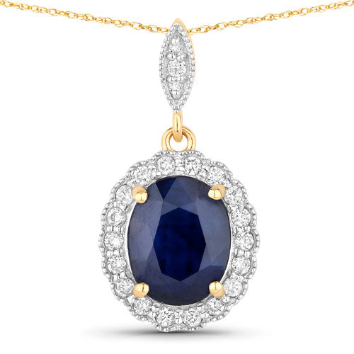 3.38 Carat Genuine Blue Sapphire and White Diamond 14K Yellow Gold Pendant