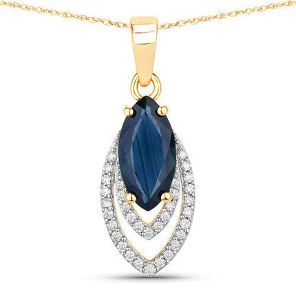 1.42 Carat Genuine Blue Sapphire and White Diamond 14K Yellow Gold Pendant