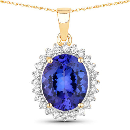 4.68 Carat Genuine Tanzanite and White Diamond 14K Yellow Gold Pendant