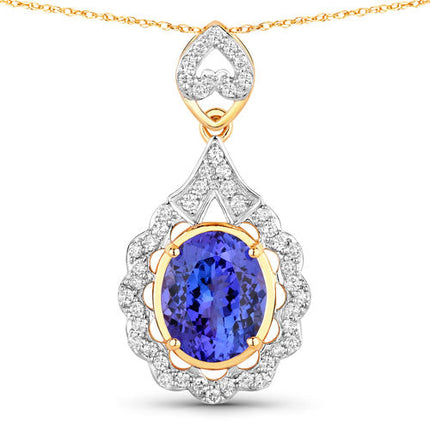 4.40 Carat Genuine Tanzanite and White Diamond 14K Yellow Gold Pendant