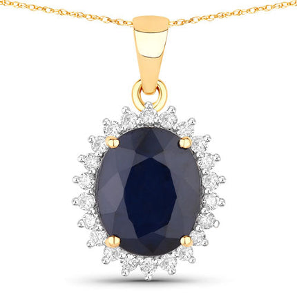 4.63 Carat Genuine Blue Sapphire and White Diamond 14K Yellow Gold Pendant