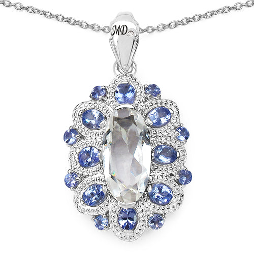 6.10 Carat Crystal Quartz, Tanzanite & Diamond Pendant in 925 Sterling Silver – Elegant Gemstone Necklace