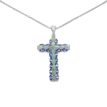 3.32 Carat Genuine Ethiopian Opal and Tanzanite .925 Sterling Silver Pendant