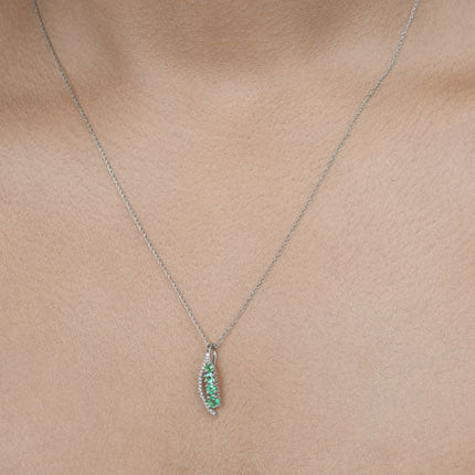 0.34 Carat Genuine Zambian Emerald and White Diamond 14K White Gold Pendant