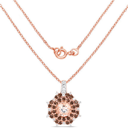 18K Rose Gold Plated 1.61 Carat Genuine Morganite, Smoky Quartz and White Zircon .925 Sterling Silver Pendant