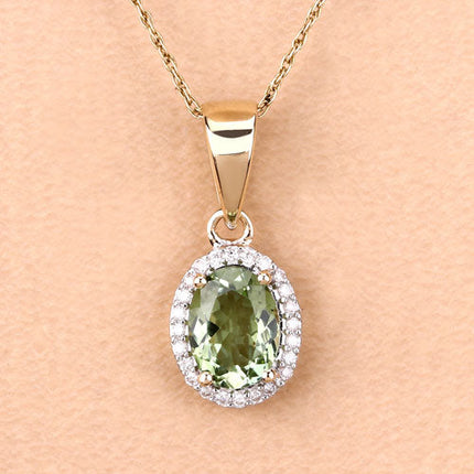 1.27 Carat Genuine Green Tourmaline and White Diamond 14K Yellow Gold Pendant