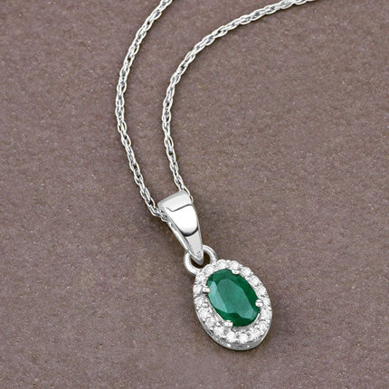 0.81 Carat Genuine Zambian Emerald and White Diamond 14K White Gold Pendant
