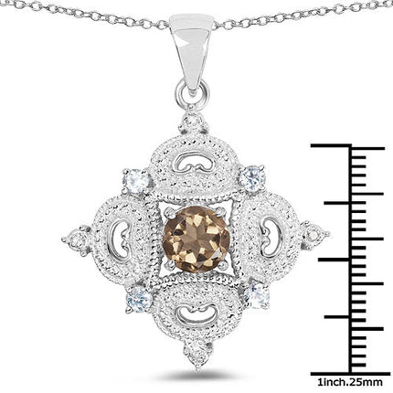 3.00 Carat Genuine Smoky Quartz, Blue Topaz and White Topaz .925 Sterling Silver Pendant