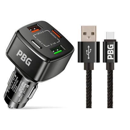 PBG 4-Port PD/USB Car Charger and 10FT Zebra Style Lightning Cable Bundle