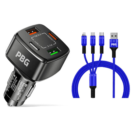 PBG Black 4 Port Car Charger and 4FT - 3 in 1 Nylon Cable Combo