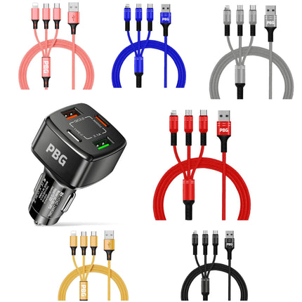 PBG Black 4 Port Car Charger and 4FT - 3 in 1 Nylon Cable Combo