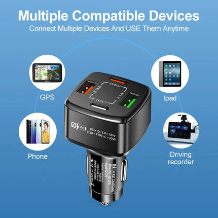 PBG Black 4 Port Car Charger and 4FT - 3 in 1 Nylon Cable Combo