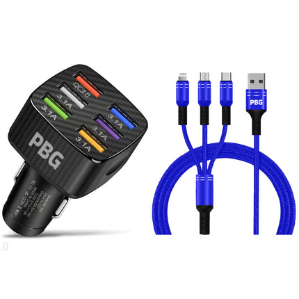 PBG Black LED 6 Port Car Charger and 4FT- 3 In 1 Cable Combo