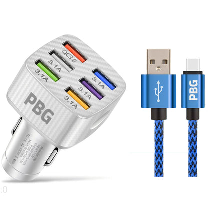PBG LED 6-Port Car Charger and 10FT XL Zebra Lightning Cable Combo