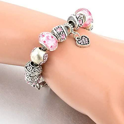 Pink Crystal Love Heart Bead Glass Charm Bracelet with Extender
