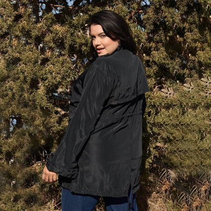 Plus Size Glossy Drawstring Hem Button-Down Coach Jacket