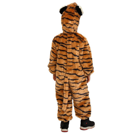 Kids Plush Tiger Costume with Striped Jumpsuit, Tail and Hood