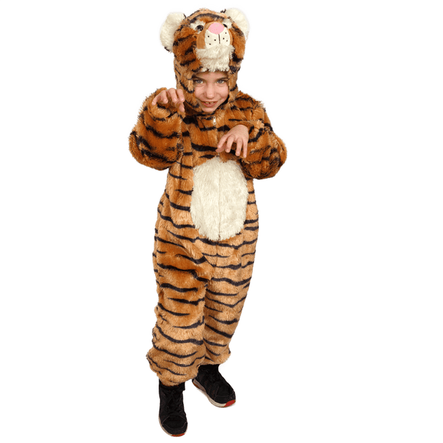Kids Plush Tiger Costume with Striped Jumpsuit, Tail and Hood