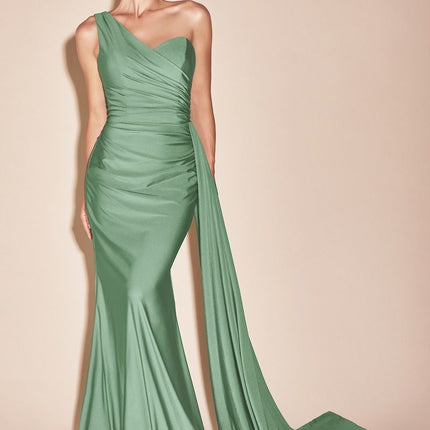 Ladivine PT004C Long Chic One Shoulder Stretch Satin Side Sash Gown