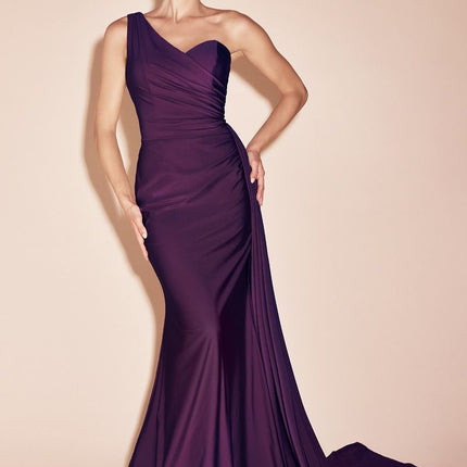 Ladivine PT004C Long Chic One Shoulder Stretch Satin Side Sash Gown