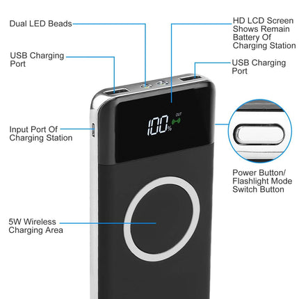 Qi Wireless Station 10000mAh Powerbank with 4 Modes Flashlight