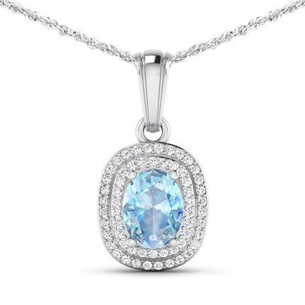 1.35 Carat Genuine Aquamarine and White Diamond 14K White Gold Pendant