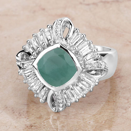 "2.57 Carat Genuine Emerald, White Topaz and White Diamond .925 Sterling Silver Ring